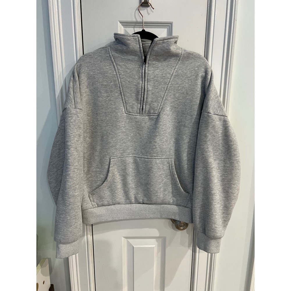 Trendy Queen Womens Half Zip Sweatshirt Gray Oversized Pullover Fleece Size M